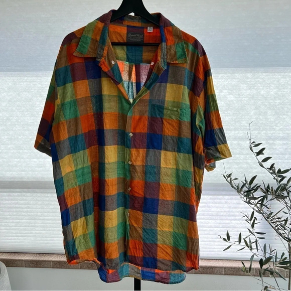David Wood Clothiers Maine Plaid Check Button Short Sleeve Shirt Orange Blue XL - Picture 1 of 3